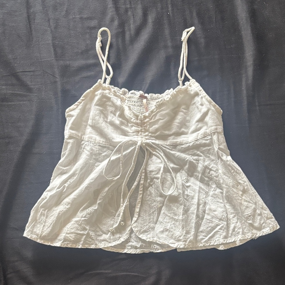 Free People White Fly-Away Camisole with Eyelet and Pearl Details
